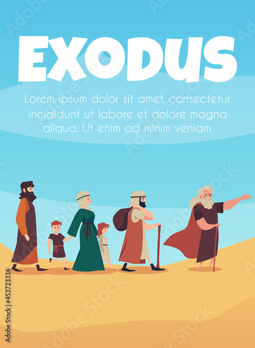 Scene of bible narrative about exodus israelites led by Moses.