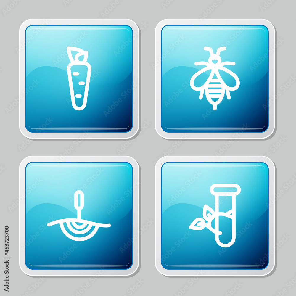 Set line Carrot, Bee, Acupuncture therapy and Laboratory glass and leaves icon. Vector Set line Carrot, Bee, Acupuncture therapy and Laboratory glass and leaves icon. Vector
