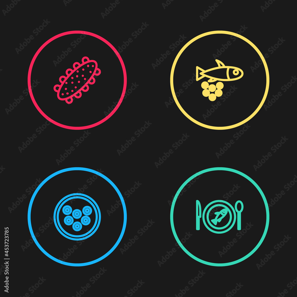 Set line Caviar on a plate, Served fish, Fish with caviar and Sea cucumber icon. Vector