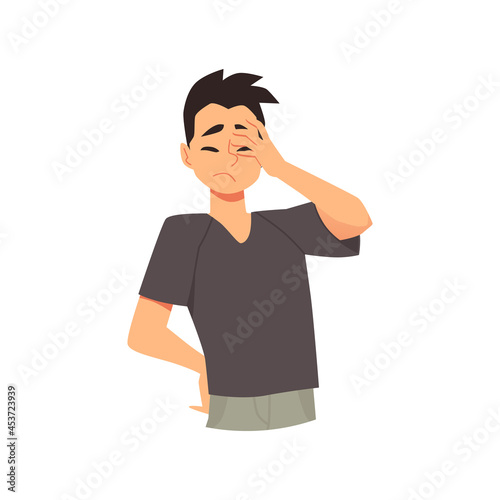 Young male cartoon character is upset, frustrated, tired and disappointed