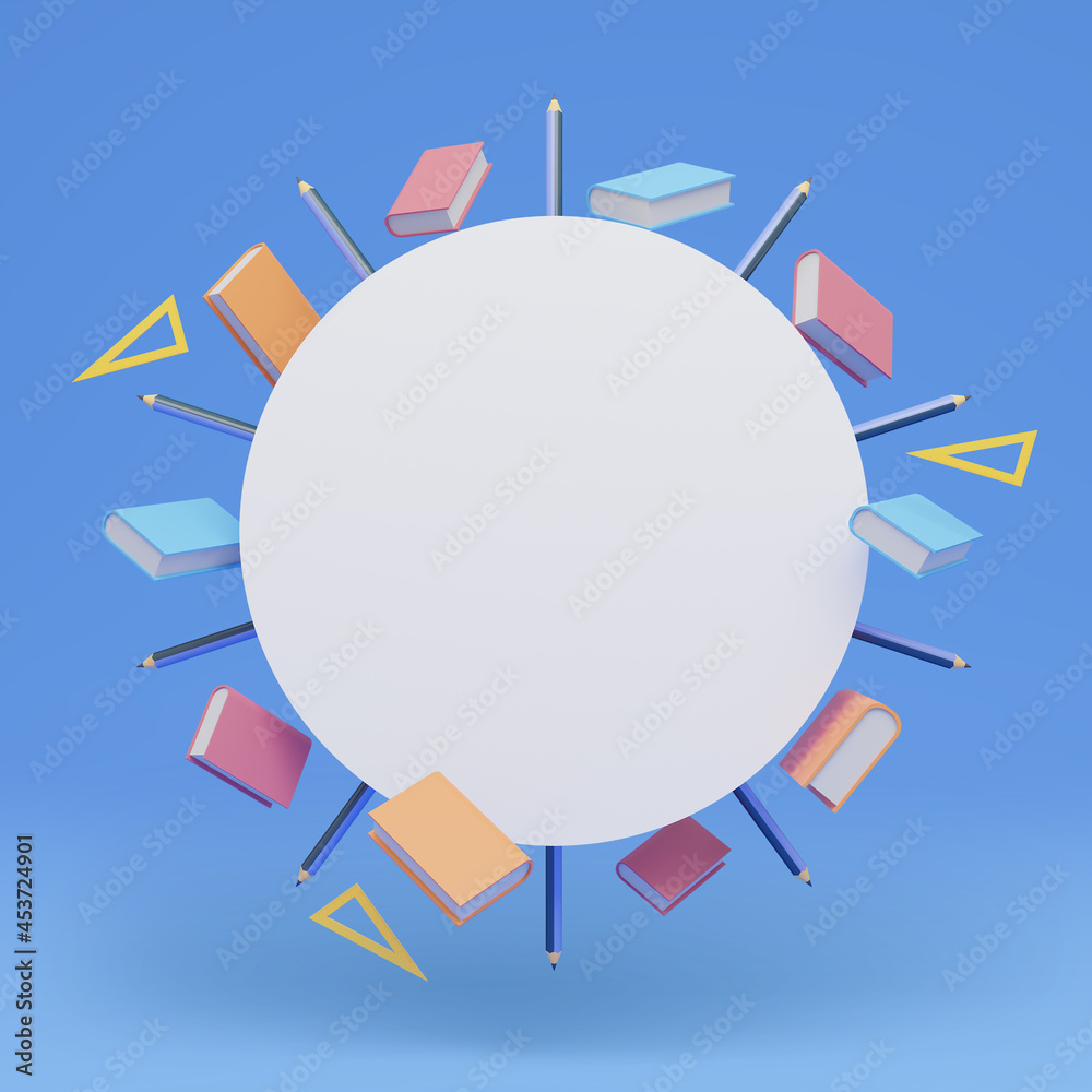 Happy teacher's day background poster template. 3D rendering school equipment on round shape design for your text