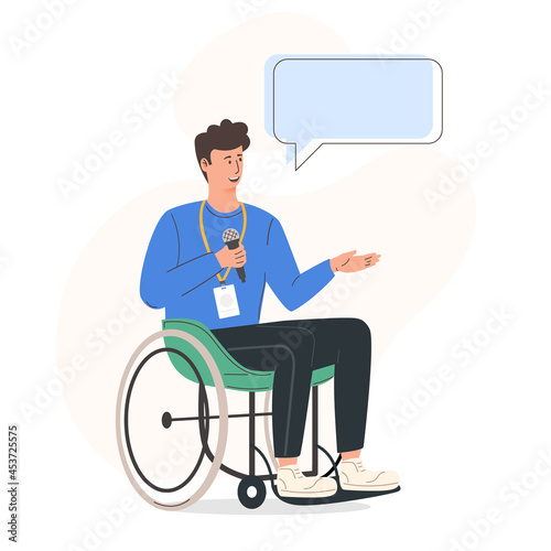 Disabled man on wheelchair talking or presenting illustration