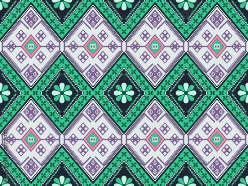 Geometric seamless ethnic traditional pattern in rectangle triangle floral style and crossing stripe line. Rectangle in green pink purple white. Design fabric background wallpaper vector carpet.