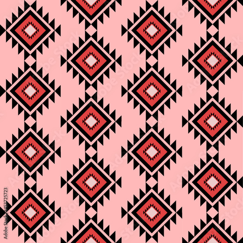Geometric seamless ethnic traditional pattern in rectangle and triangle with alternating zigzag style. Rectangle in red tone as pink black. Design for fabric background wallpaper vector carpet.