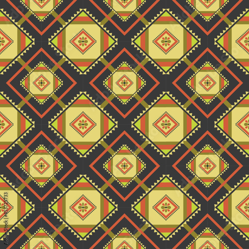 Geometric seamless Ethnic traditional pattern in swithing rectangle style and crossing stripe line zigzag. Colorful of yellow gray green orange. Design fabric background wallpaper vector carpet.