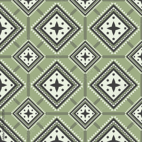 Geometric seamless ethnic traditional pattern in swithing rectangle style and crossing stripe line zigzag. Color of green tone. Design fabric background wallpaper vector carpet.
