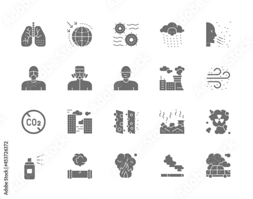 Set of Pollution Gray Icons. Air Dust, Radioactive Rain, Protective Mask, Smog