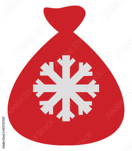 Red gift sack with snowflake, illustration, vector on a white background.