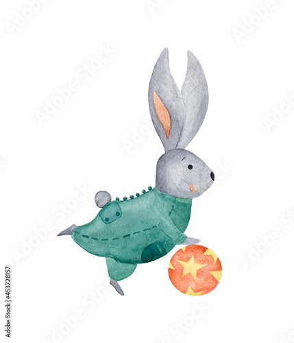 Watercolor illustration of babe rabbit with a ball. 