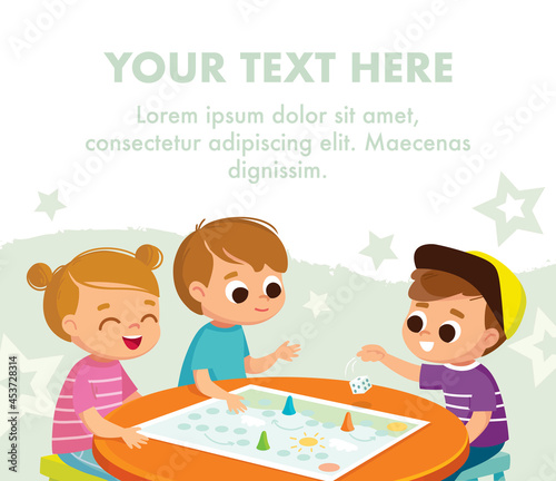 Cheerful children seat by table and play table games together with friends. Kids having fun while playing board game. Spending time playing tabletop games. Vector illustration.