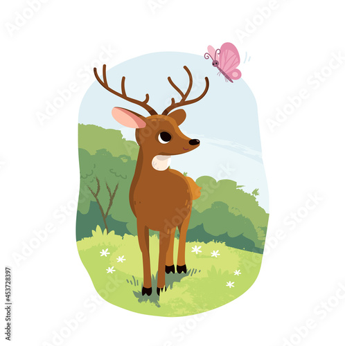 Little brown baby bambi deer standing on lawn, meadow and looking up on butterfly. Spring in forest. Fairy Tale cartoon style book illustration. Cute animal with horns. Flat vector.
