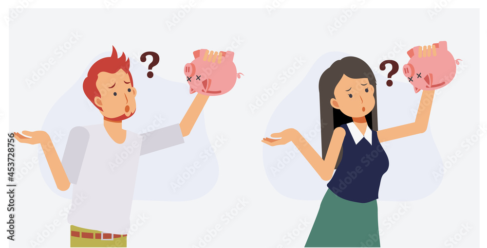 Lack of money,out of money,financial problem concept. Set of man and woman is trying to find money in piggy bank.Flat vector 2d cartoon character illustration. Lack of money,out of money,financial problem concept. Set of man and woman is trying to find money in piggy bank.Flat vector 2d cartoon character illustration.