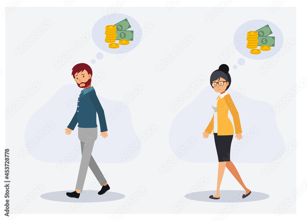 Lack of money,out of money,financial problem concept.man and woman is walking and worried about money. Flat vector 2d cartoon character illustration.
