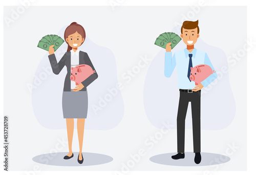 collect,saving money concept. Set of man and woman is happy and showing a lot of banknote in one hand also carrying piggy bank.Flat vector 2d cartoon character illustration.