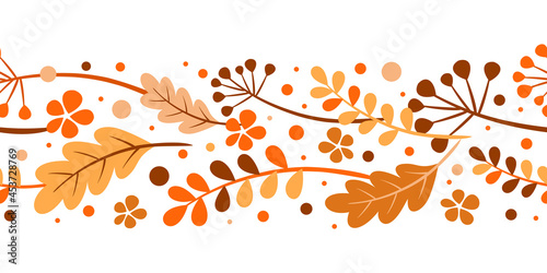 Seamless border of autumn leaves. Vector frame, garland, illustration of autumn leaves on a white background. Orange, yellow, brown foliage of oak, mountain ash, rowan berry.