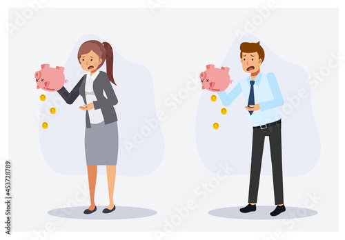Set of man and woman is worry and shock that have no more money in piggy bank. Lack of money concept. Flat vector 2d cartoon character illustration.