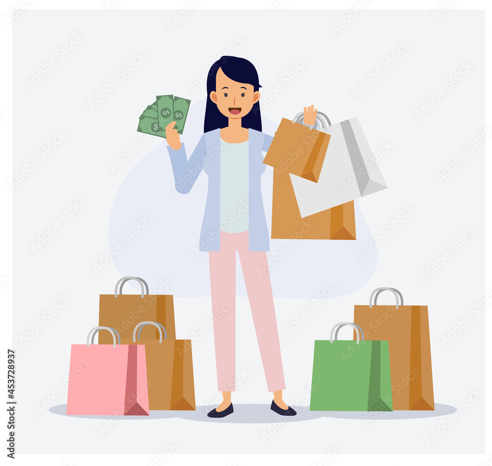 woman is happy with shopping ,she spend a lot of money.Shopping shopaholic concept. Flat vector 2d cartoon character illustration. woman is happy with shopping ,she spend a lot of money.Shopping shopaholic concept. Flat vector 2d cartoon character illustration.