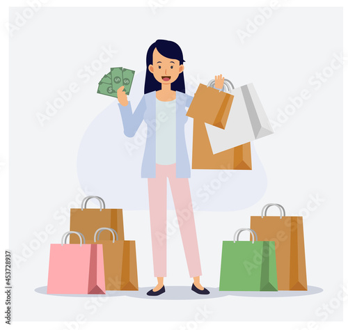 woman is happy with shopping ,she spend a lot of money.Shopping shopaholic concept. Flat vector 2d cartoon character illustration.