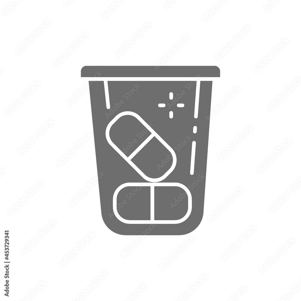 Pills container, medications, vitamins grey icon. Isolated on white background