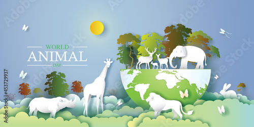 World Animals Day with deer, elephant, lion, giraffe, rabbit, rhinoceros and butterfly in forest.