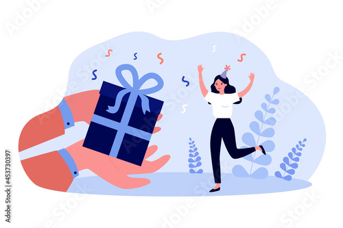 Hands holding giant gift box for happy woman in party hat. Girl receiving birthday present flat vector illustration. Birthday, celebration, shopping concept for banner or landing web page