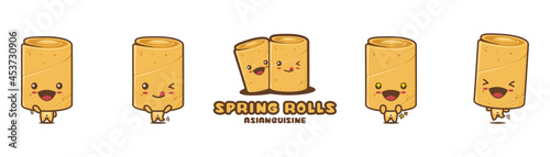 cute spring roll mascot character, food cartoon illustration, with different facial expressions and poses