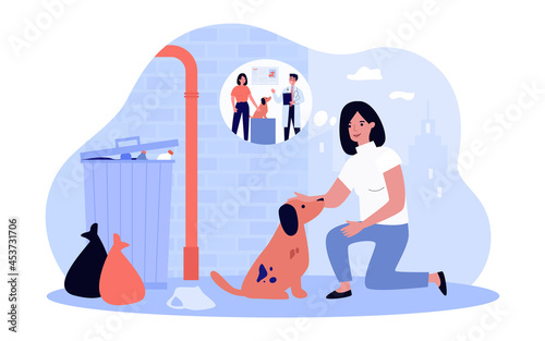 Woman petting stray dog and thinking of veterinarian. Girl and dirty puppy in alleyway flat vector illustration. Veterinary clinic, animal care concept for banner, website design or landing web page