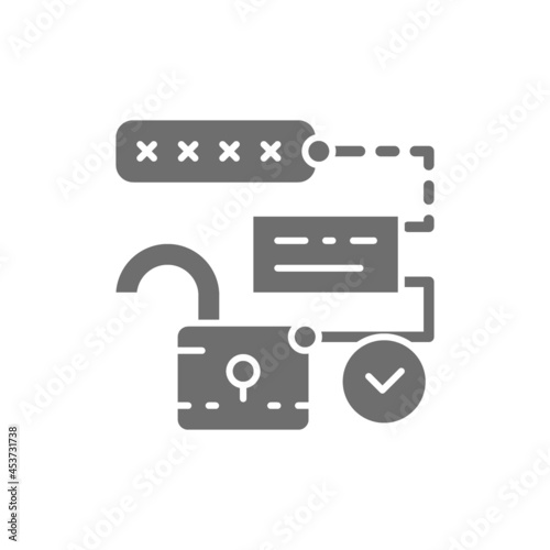 Open lock with pin code, password and unlock, cryptography grey icon.