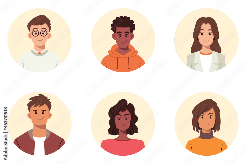 Set of avatars of male and female cartoon characters. People with ...