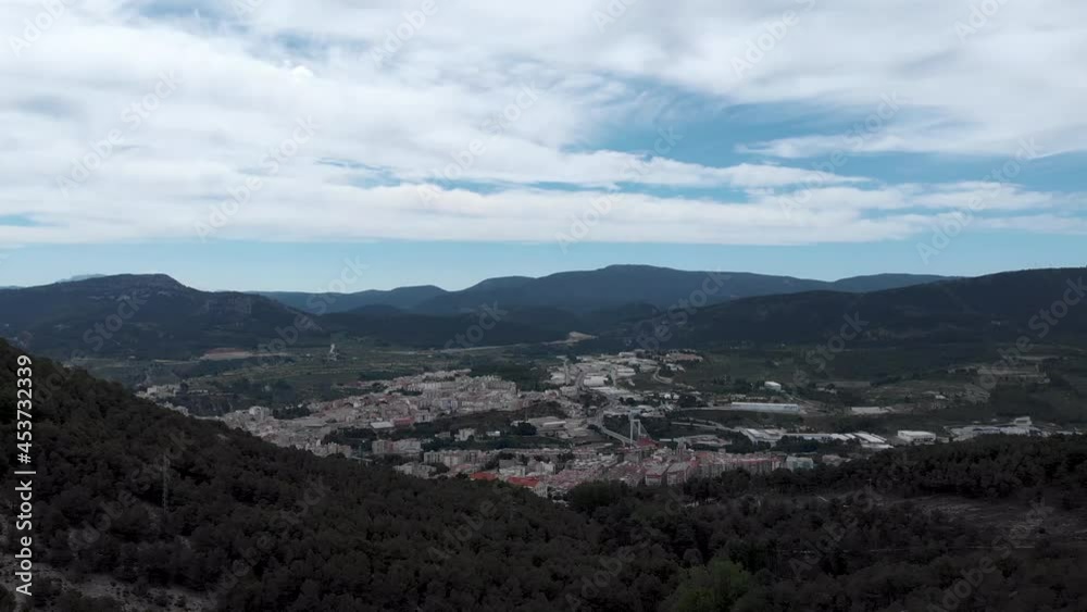 City of Alcoi in the mountain valley of Valencia,Spain,drone panoramic. City of Alcoi in the mountain valley of Valencia,Spain,drone panoramic.