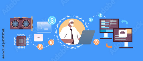 senior businessman buying or selling bitcoins online money transfer internet payment cryptocurrency blockchain