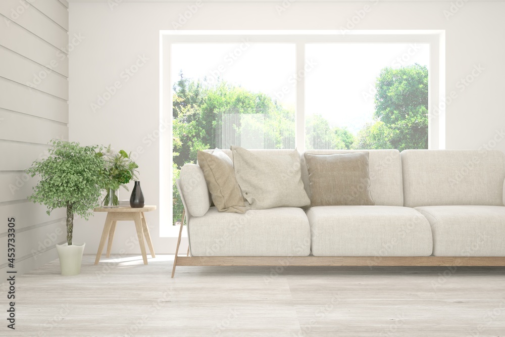 Stylish room in white color with sofa and summer landscape in window. Scandinavian interior design. 3D illustration