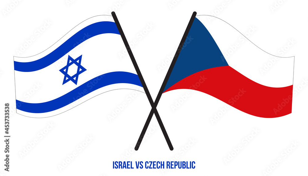 Israel and Czech Republic Flags Crossed And Waving Flat Style. Official Proportion. Correct Colors.