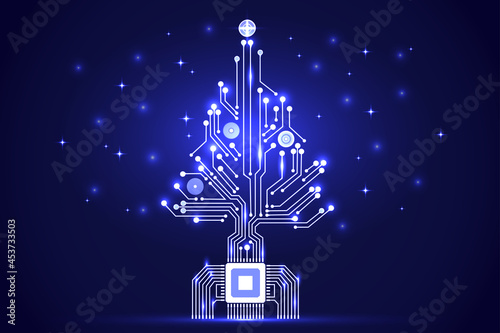 Christmas tree from digital electronic circuit. Abstract blue lighting motherboard microchip. Vector illustration