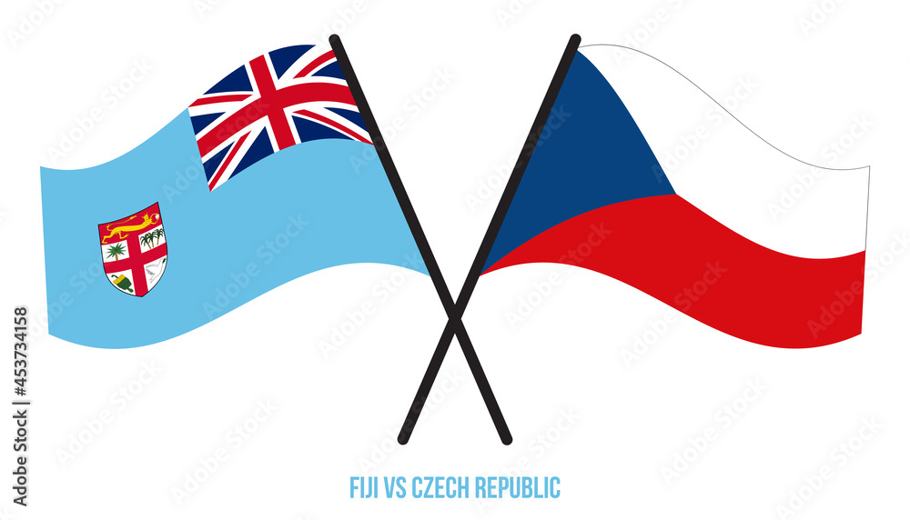 Fiji and Czech Republic Flags Crossed And Waving Flat Style. Official Proportion. Correct Colors.