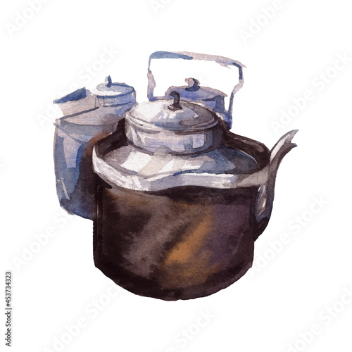 watercolor painting of tea kettle