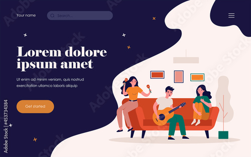 Teen music band rehearsing song at home. Girl and guy playing guitar, maraca flat vector illustration. Hobby, musical education, talent concept for banner, website design or landing web page