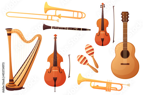 Set of musical instruments in cartoon style. Isolated on white background. Orexter vector illustration. Wind, strings, classical instruments. Music and art

