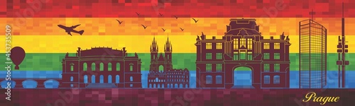 Prague on LGBT flag background - illustration, 
Town in Rainbow background, 
Vector city skyline silhouette