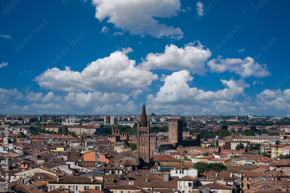 Aerial panorama in Verona. Verona in Italy aerial view. Churches in the historic city of Italy. Verona, Italy top view of the historic city.