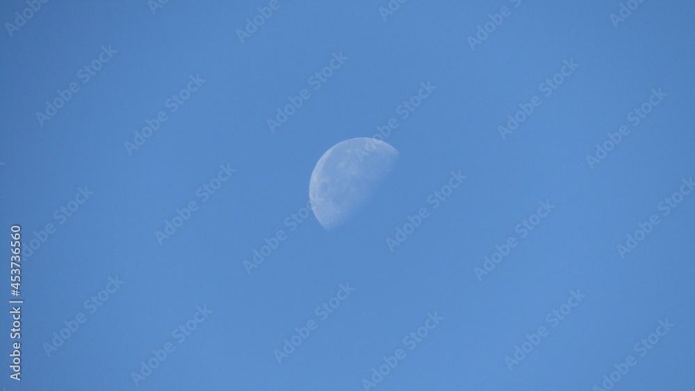 A lonely moon hangs above us in a deep blue transparent sky A lonely moon hangs above us in a deep blue transparent sky