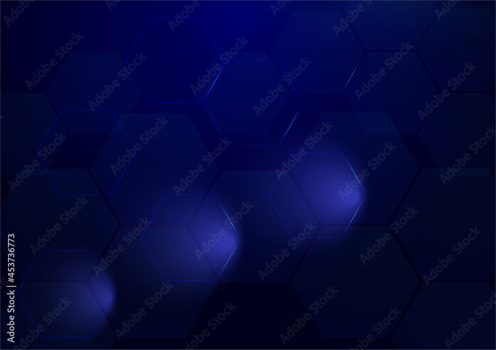 Obraz premium Hexagon abstract background. Blue geometric gradient shape glowing. Digital hi tech technology vector illustration.