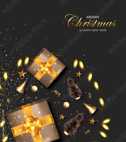 Christmas card with realistic gifts box and other merry holiday symbols