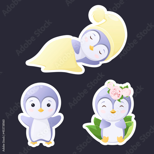 A set of stickers with cute penguins in a cartoon style. Children's illustration of funny animals.