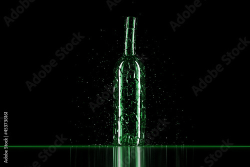 Canvas Print 3D Render Broken Glass Realistic green  beer bottle  Mock Up, 3D illustration Graphic Design