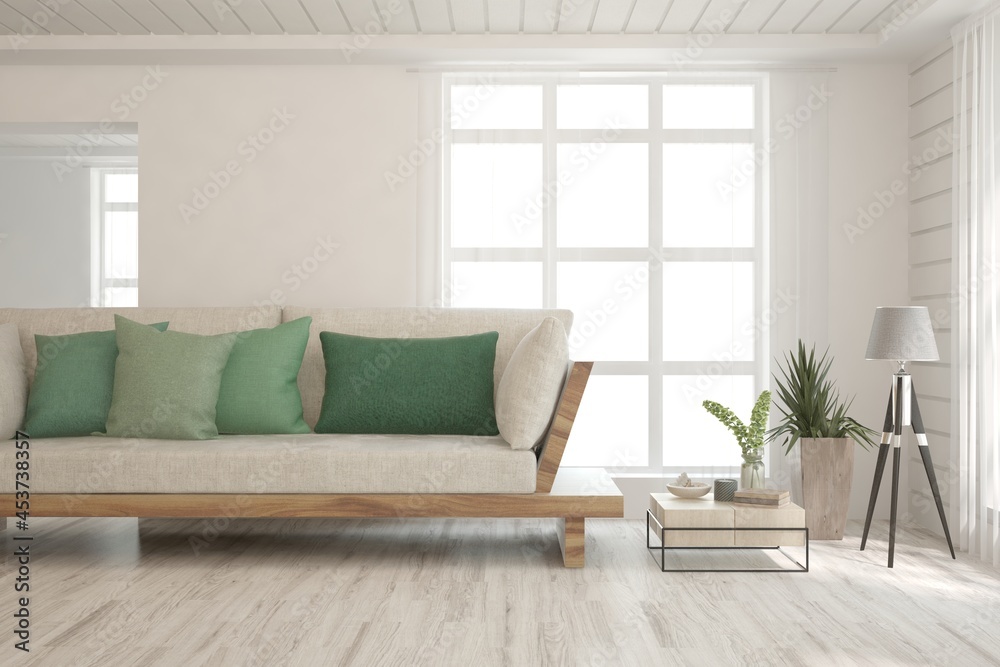 White living room with sofa. Scandinavian interior design. 3D illustration White living room with sofa. Scandinavian interior design. 3D illustration