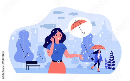 Cartoon woman standing in rain without umbrella. Girls with and without umbrella in park in rainy weather flat vector illustration. Meteorology, protection concept for banner or landing web page