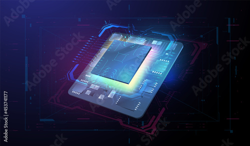 Futuristic microchip processor. Quantum computer database concept. modern CPU illustration . Central Computer Processors. Digital chip with HUD elements. Tech Futuristic Template.