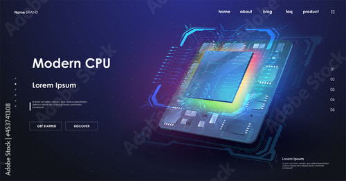 Quantum computer database concept. Modern CPU illustration . Central Computer Processors. Futuristic microchip processor. Tech Futuristic Template. Digital chip with HUD elements.