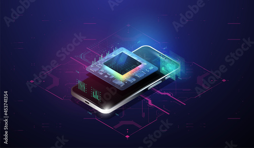 Quantum computer database concept. Tech Futuristic Template. Futuristic microchip processor. Modern CPU illustration . Digital chip with HUD elements. Central Computer Processors.